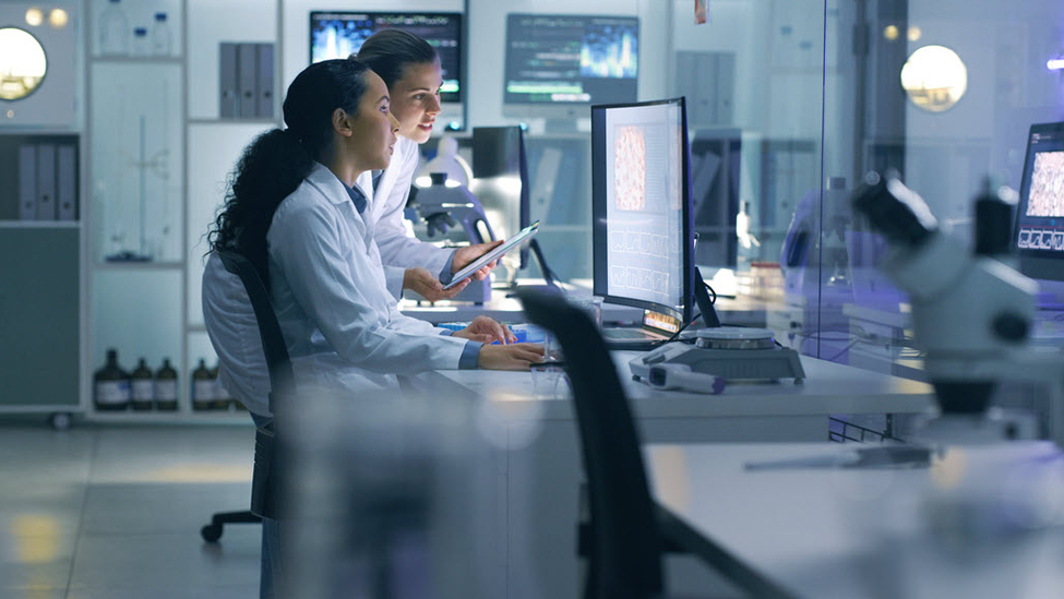 Two employees watching at the monitor.